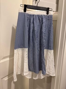 Blue and White Eyelet Hem Midi Skirt